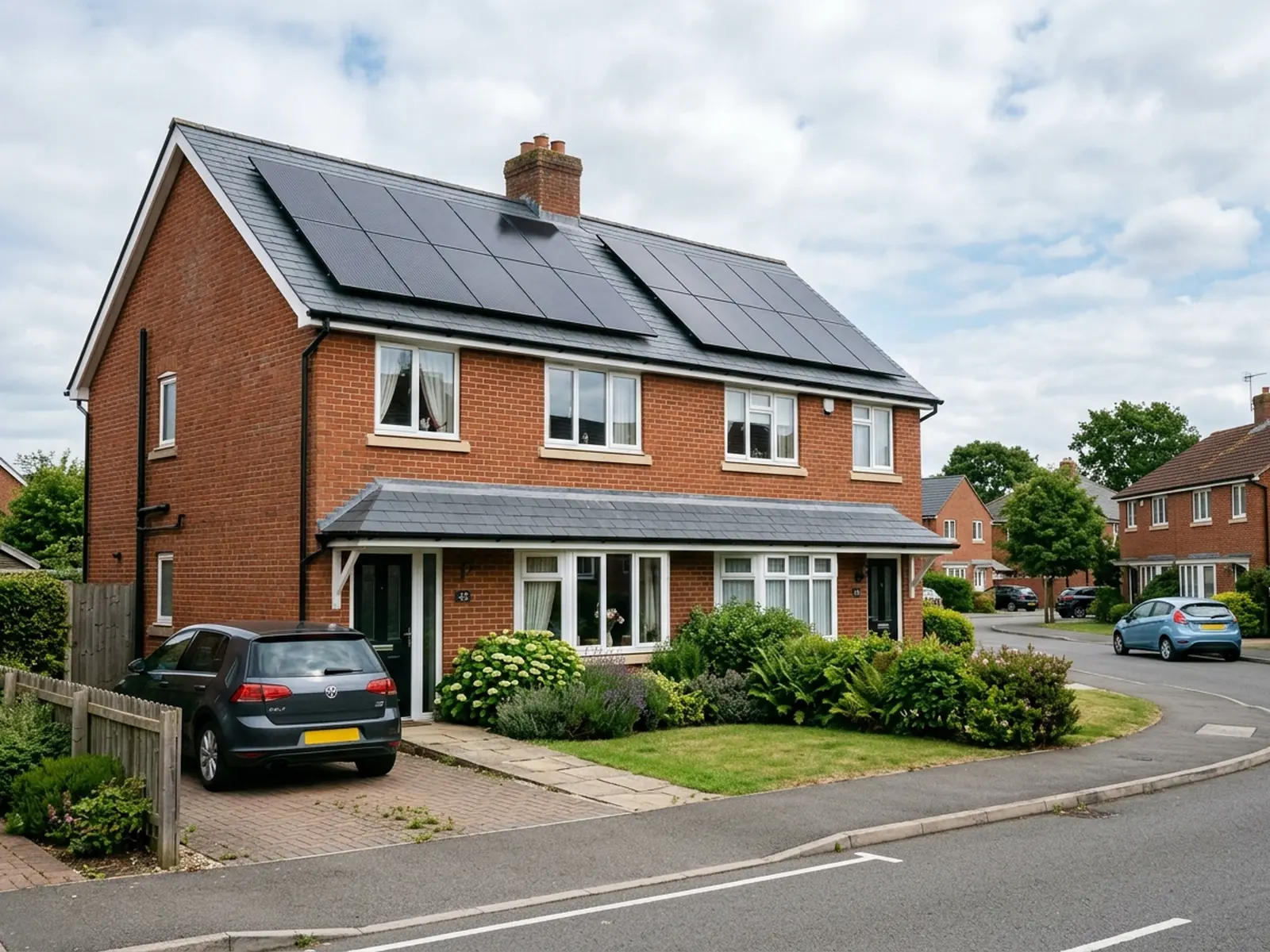 British semi-detached red brick home with sleek all-black solar panels fitted on slate roof in soft natural daylight
