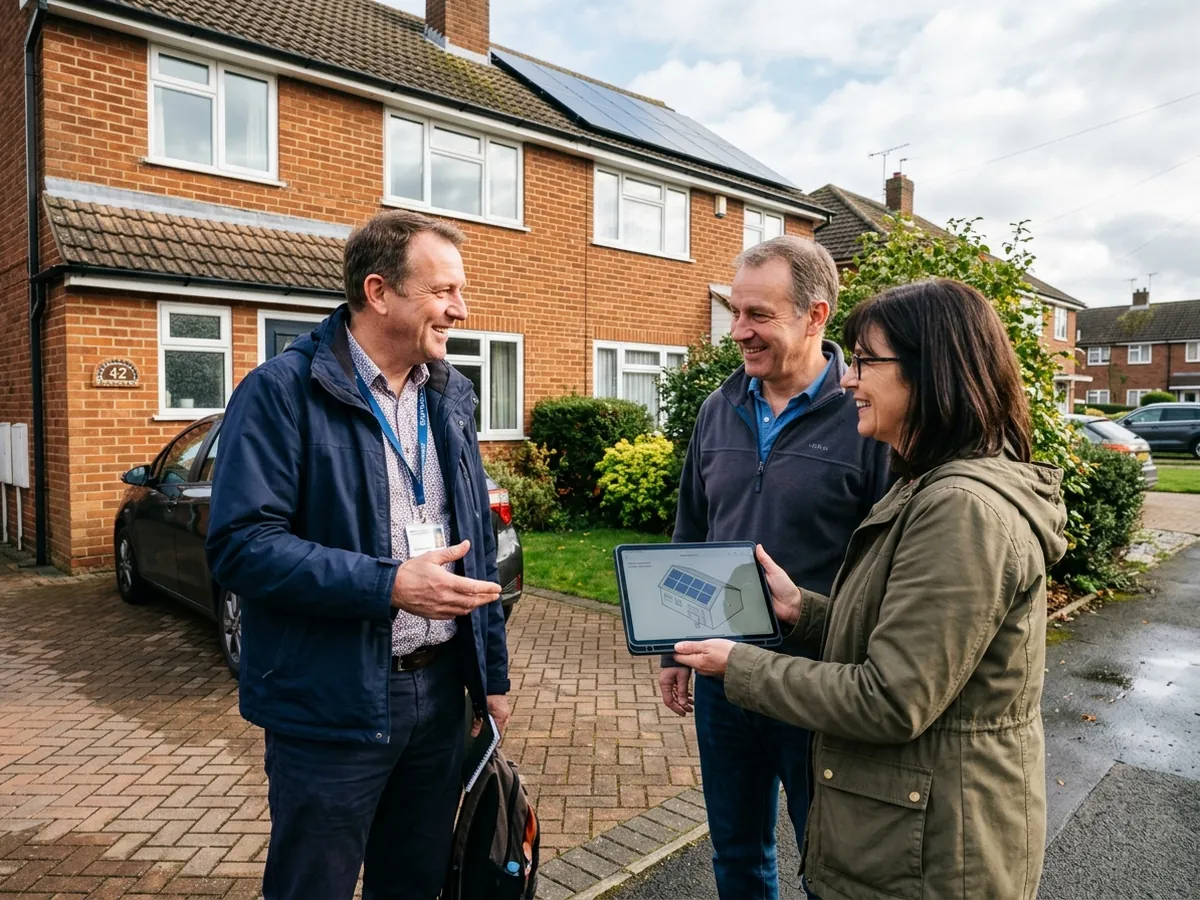 Friendly professional British solar assessor discussing home solar design with a homeowner couple on their driveway
