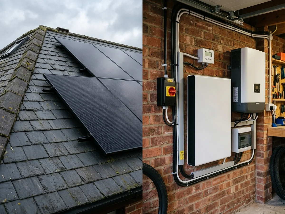 Close-up of sleek black solar panels fitted on roof alongside battery storage unit and hybrid inverter mounted cleanly on garage brick wall