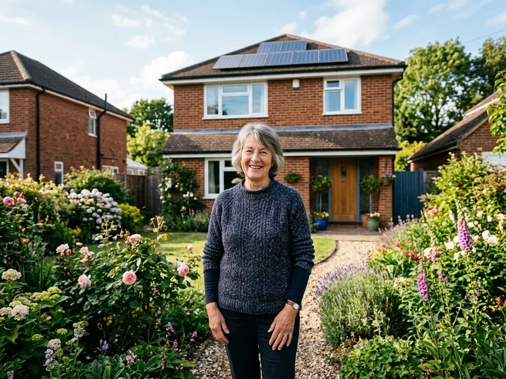 British homeowner standing in garden with solar panels installed on house roof